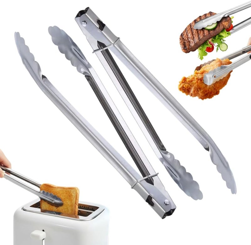 MARKQ Stainless Steel Cooking Tongs, 7 Inch Clam Shell Kitchen Tongs with Sliding Lock Ring, Non-Slip, Heat Resistant for Salad, BBQ, Grilling, Serving – 2 Pack - Image 1