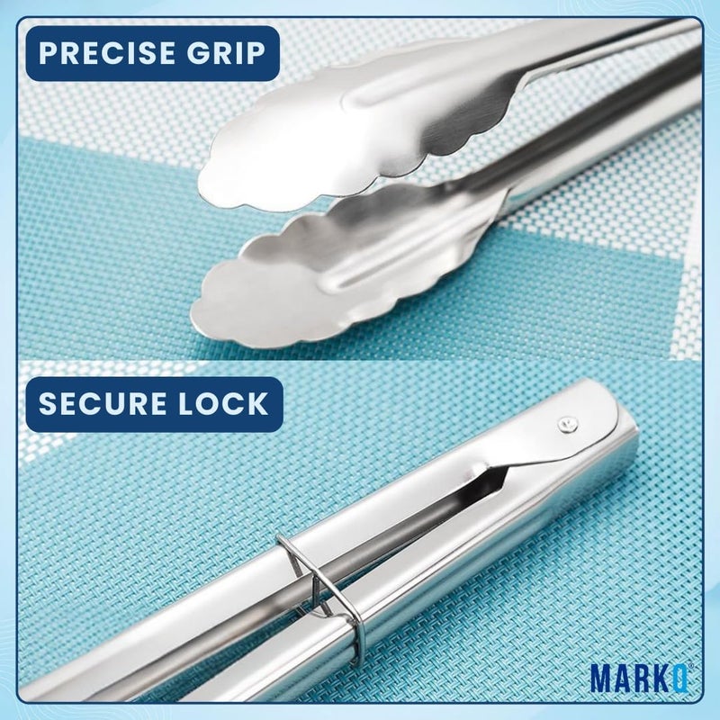 MARKQ Stainless Steel Cooking Tongs, 7 Inch Clam Shell Kitchen Tongs with Sliding Lock Ring, Non-Slip, Heat Resistant for Salad, BBQ, Grilling, Serving – 2 Pack - Image 4