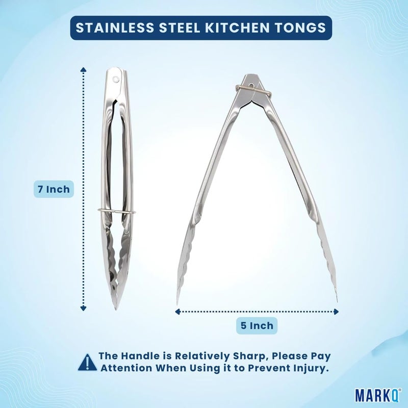 MARKQ Stainless Steel Cooking Tongs, 7 Inch Clam Shell Kitchen Tongs with Sliding Lock Ring, Non-Slip, Heat Resistant for Salad, BBQ, Grilling, Serving – 2 Pack - Image 3
