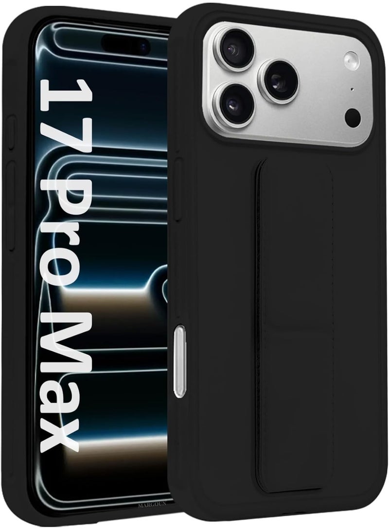 جراب لهاتف آيفون 17 برو ماكس، مزود بحامل خلفي، وحامل مغناطيسي للسيارة، وغطاء سيليكون ناعم قابل للطي، وحزام للمعصم، وحماية كاملة، ومضاد لبصمات الأصابع، باللون الأسود. - Image 2