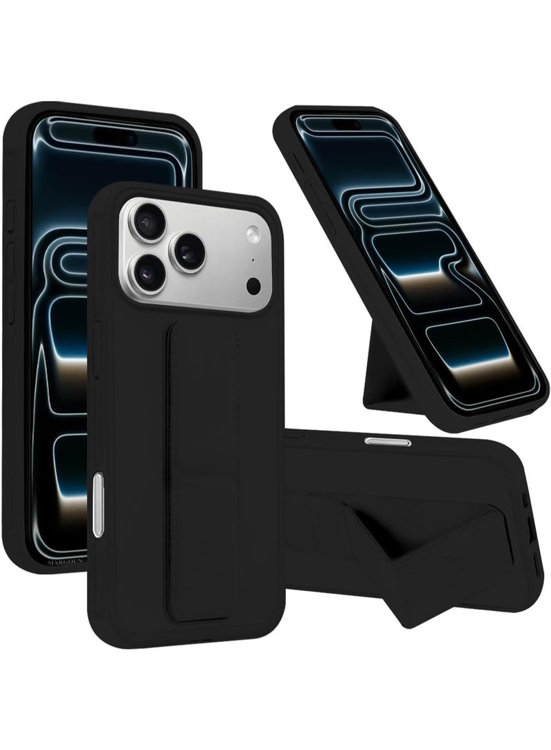 جراب لهاتف آيفون 17 برو ماكس، مزود بحامل خلفي، وحامل مغناطيسي للسيارة، وغطاء سيليكون ناعم قابل للطي، وحزام للمعصم، وحماية كاملة، ومضاد لبصمات الأصابع، باللون الأسود. - Image 1