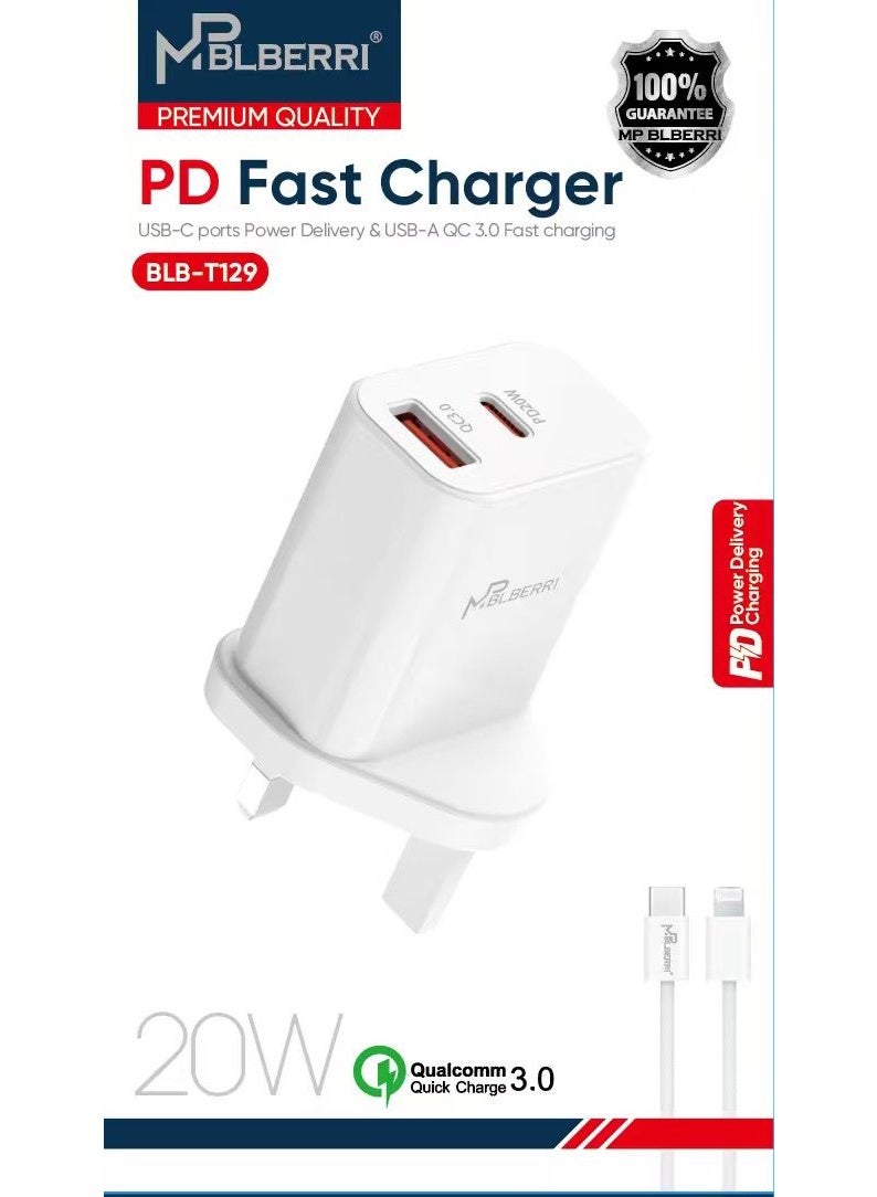 MPBLBERRI 20W PD Fast Charger USB-C Wall Adapter with Type-C to Lightning Cable QC 3.0 Fast Charging for iPhone, iPad & Android Smartphones – BLB-T129 - Image 2