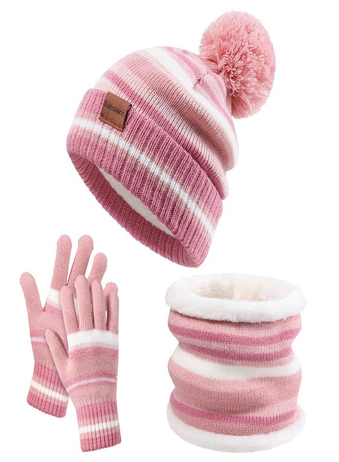Bessteven Kids Winter Hat Gloves Scarf Set: Girls Boys Hats Beanie Gloves Neck Warmer Set Knit with Thick Warm Fleece Lined For Ages 6-10 Pink - Image 1