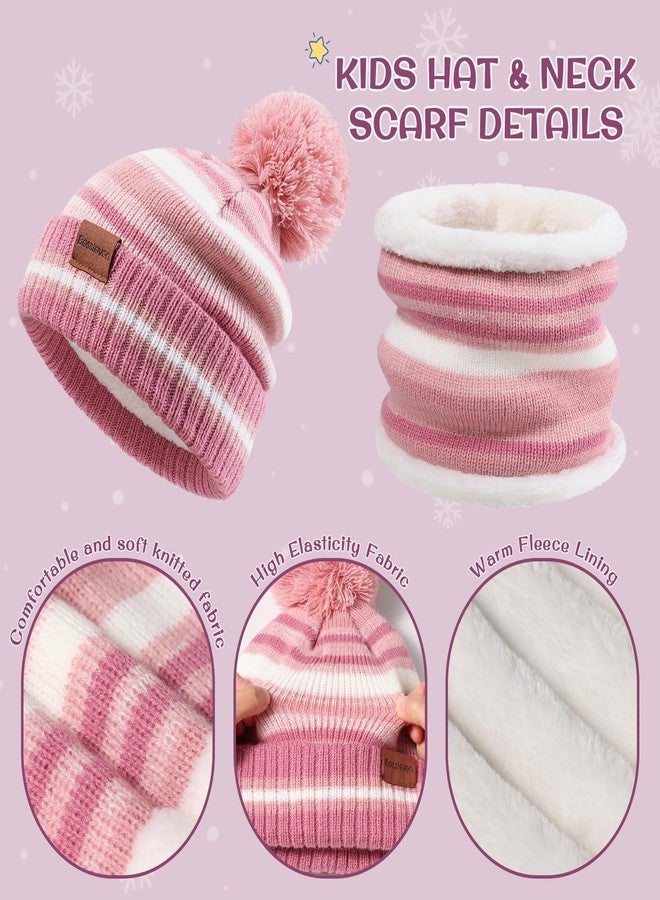 Bessteven Kids Winter Hat Gloves Scarf Set: Girls Boys Hats Beanie Gloves Neck Warmer Set Knit with Thick Warm Fleece Lined For Ages 6-10 Pink - Image 3