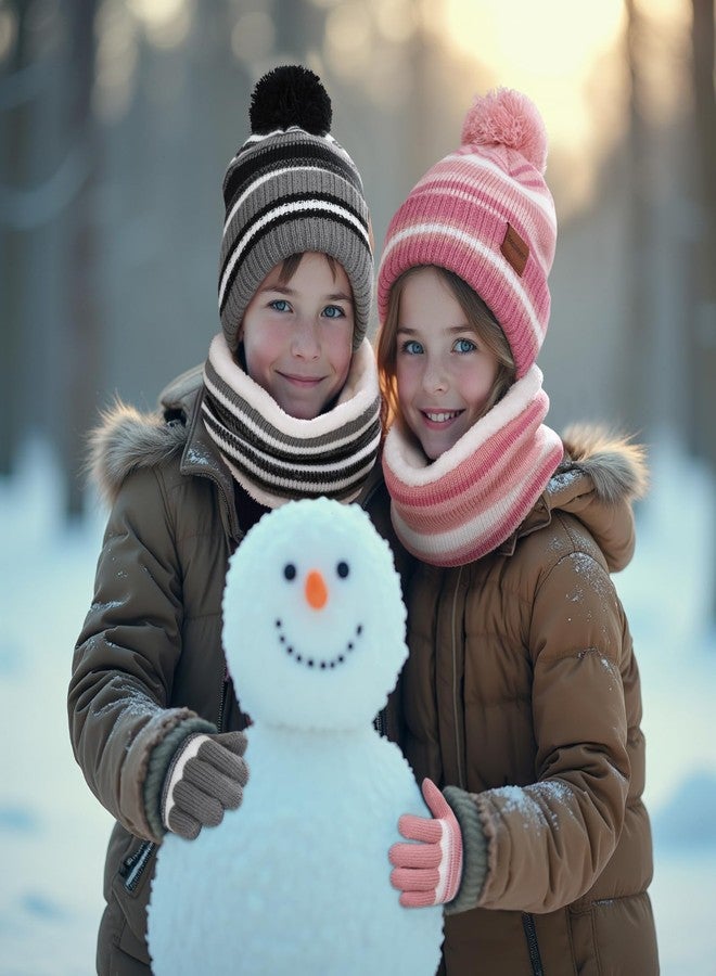 Bessteven Kids Winter Hat Gloves Scarf Set: Girls Boys Hats Beanie Gloves Neck Warmer Set Knit with Thick Warm Fleece Lined For Ages 6-10 Pink - Image 5