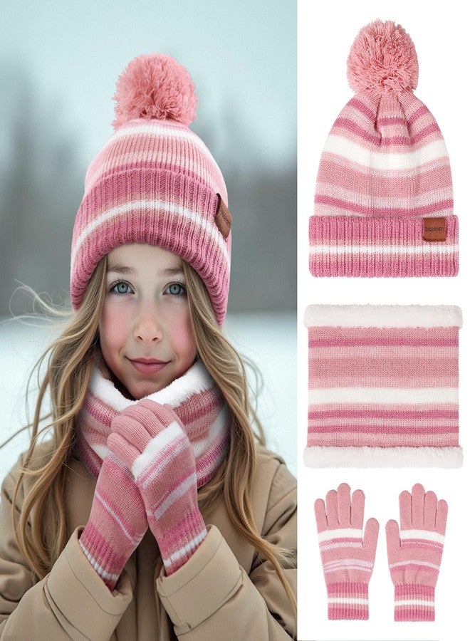Bessteven Kids Winter Hat Gloves Scarf Set: Girls Boys Hats Beanie Gloves Neck Warmer Set Knit with Thick Warm Fleece Lined For Ages 6-10 Pink - Image 2