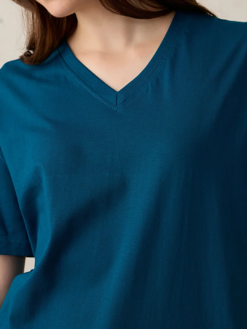 OUTZIDR Blue Teal V Neck Solid Oversized T-Shirt for Women | Best Price UAE