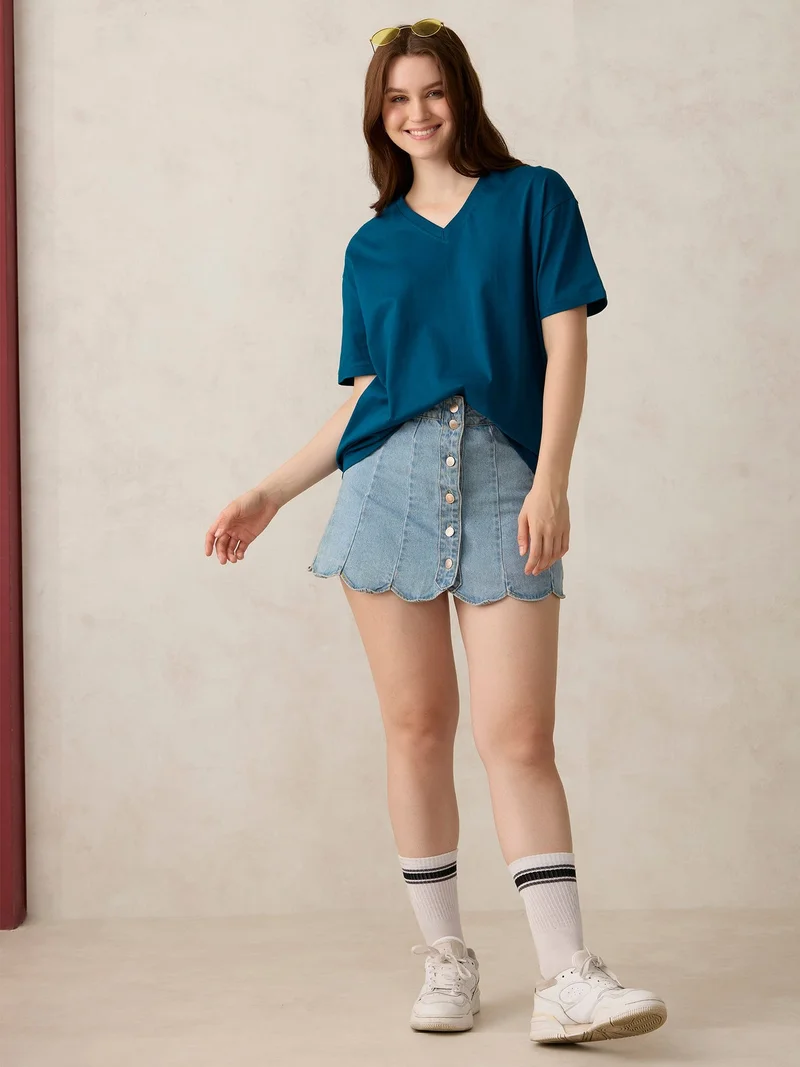 OUTZIDR Blue Teal V Neck Solid Oversized T-Shirt for Women | Best Price UAE