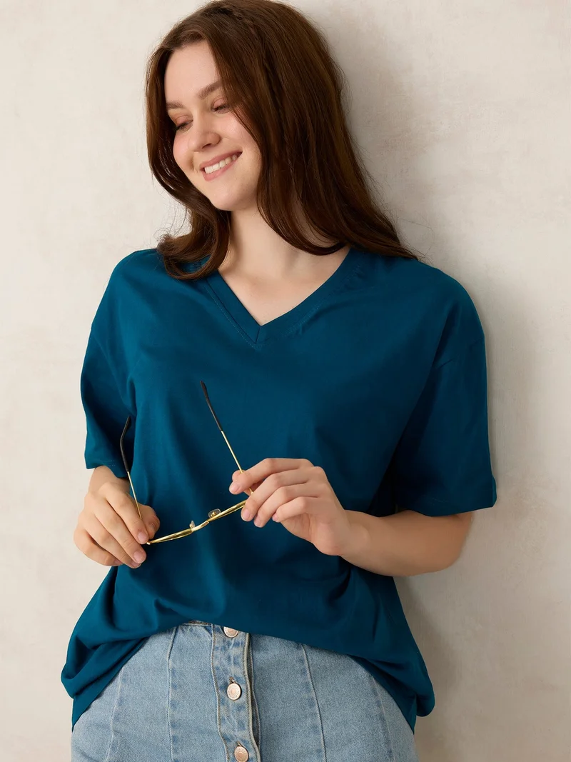 OUTZIDR Blue Teal V Neck Solid Oversized T-Shirt for Women | Best Price UAE