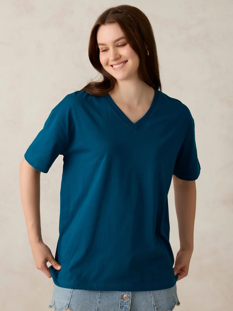 OUTZIDR Blue Teal V Neck Solid Oversized T-Shirt for Women | Best Price UAE