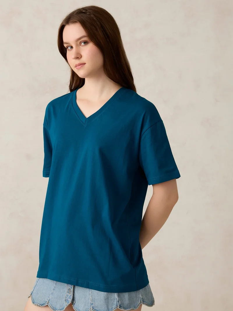 OUTZIDR Blue Teal V Neck Solid Oversized T-Shirt for Women | Best Price UAE