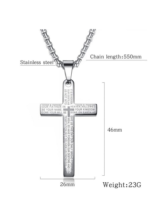 Young & Forever Gift Valentine Gift Men's Stainless Steel Cross Pendant Lord's Prayer Silver Stainless Steel 24 Inch Steel Necklace Bible Verse for Men or Women - Image 3
