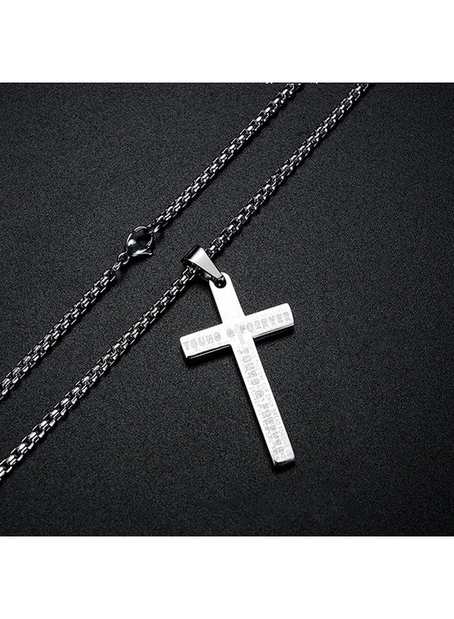 Young & Forever Gift Valentine Gift Men's Stainless Steel Cross Pendant Lord's Prayer Silver Stainless Steel 24 Inch Steel Necklace Bible Verse for Men or Women - Image 5