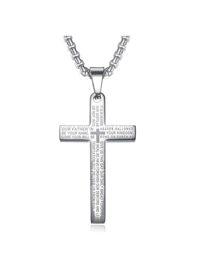 Young & Forever Gift Valentine Gift Men's Stainless Steel Cross Pendant Lord's Prayer Silver Stainless Steel 24 Inch Steel Necklace Bible Verse for Men or Women - Image 1