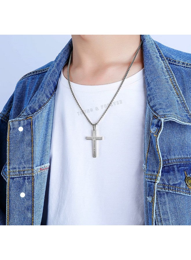 Young & Forever Gift Valentine Gift Men's Stainless Steel Cross Pendant Lord's Prayer Silver Stainless Steel 24 Inch Steel Necklace Bible Verse for Men or Women - Image 4