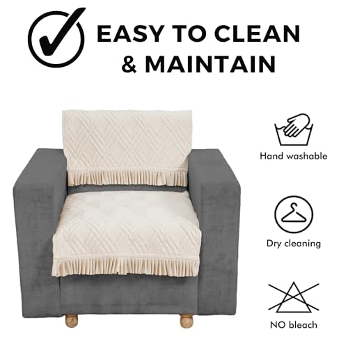 Fashion Throw Sofa Cover 7 Seater L-Shape Fully Covered - Quilted Velvet with Frill | Machine Washable | Anti-Slip | Furniture Protector for Pets, Kids & Family | Diamond Texture (Beige) - Image 4