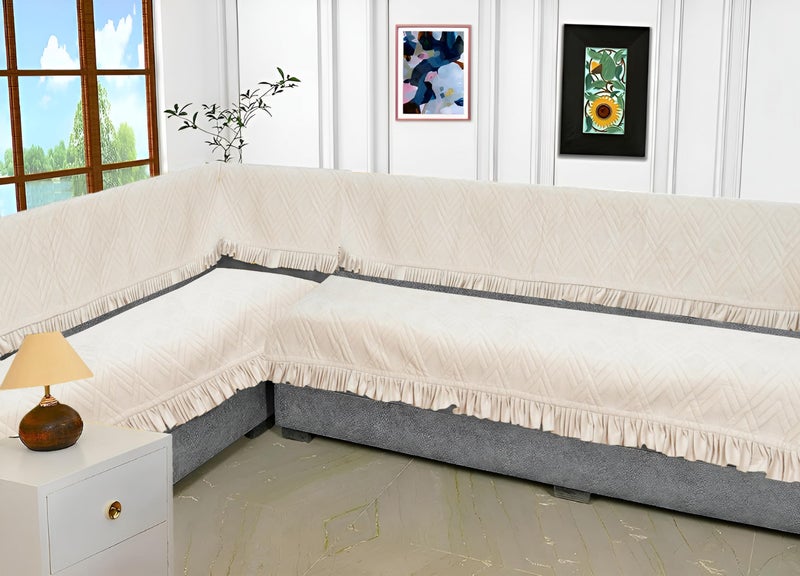 Fashion Throw Sofa Cover 7 Seater L-Shape Fully Covered - Quilted Velvet with Frill | Machine Washable | Anti-Slip | Furniture Protector for Pets, Kids & Family | Diamond Texture (Beige) - Image 1