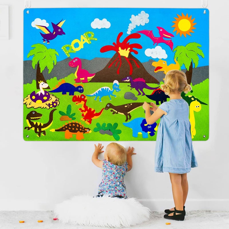WATINC Dinosaur Felt-Board Stories Set 3.5Ft 37Pcs Preschool Dinosaurs Classification Storytelling Flannel Roar Volcano Ancient Animal Theme Early Learning Play Kit Wall Hanging Gift for Toddlers Kids - Image 5