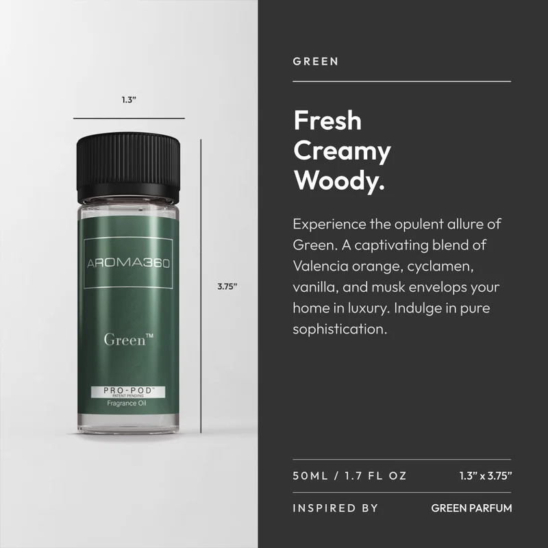 Aroma360  Green Pro-Pod Oil Blend - Hotel Inspired for Luxury Essential Oil Diffusers - Aromatherapy Scent Diffuser Oil - Valencia Orange, Cyclameh, Musk and Vanilla - 50 mL, 1.7 fl oz  | Best Price UAE