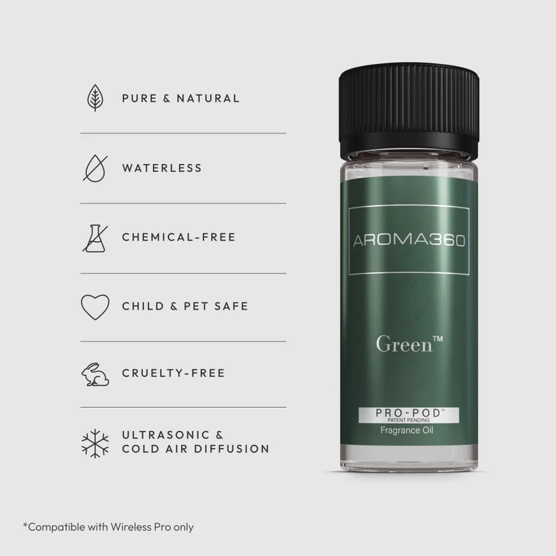 أروما 360  Green Pro-Pod Oil Blend - Hotel Inspired for Luxury Essential Oil Diffusers - Aromatherapy Scent Diffuser Oil - Valencia Orange, Cyclameh, Musk and Vanilla - 50 mL, 1.7 fl oz