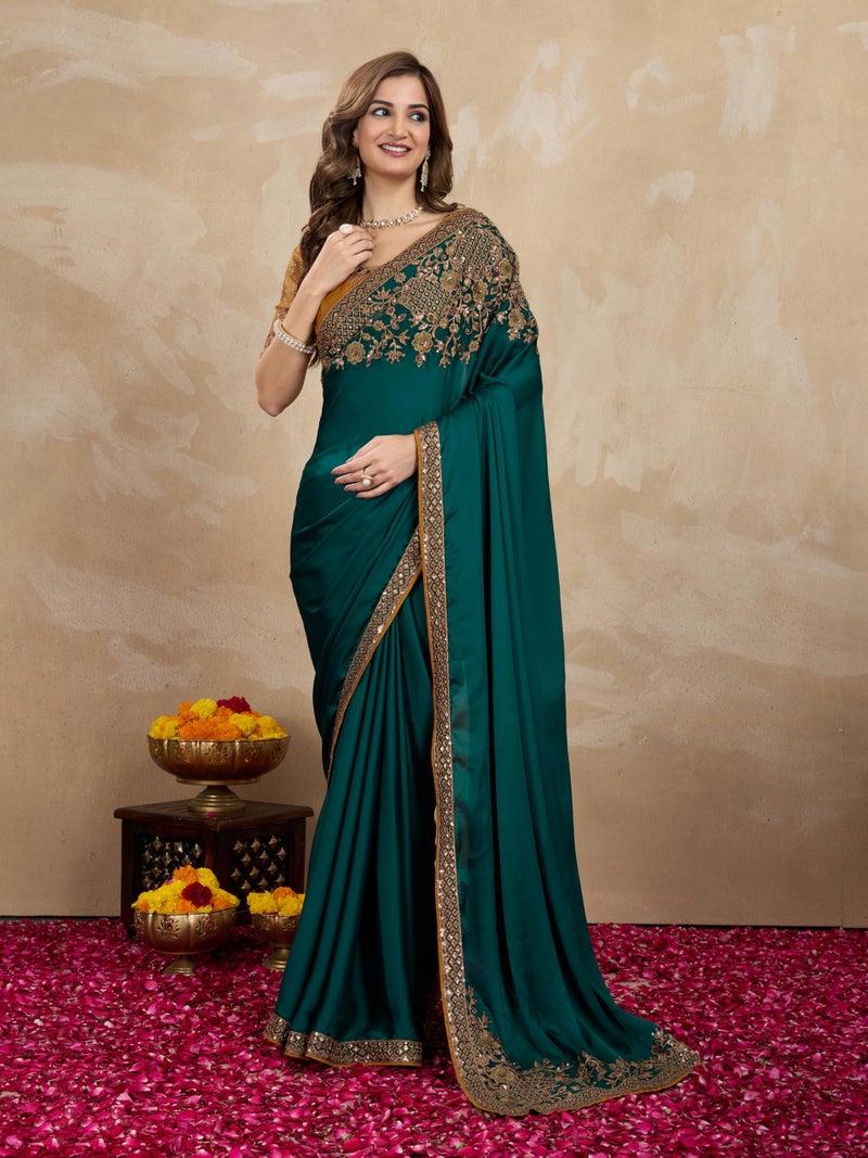 TRENDMALLS Women's Satin Golden Sequin Embroidery work Saree with Unstitched Blouse Piece (K1163-Green-) - Image 3