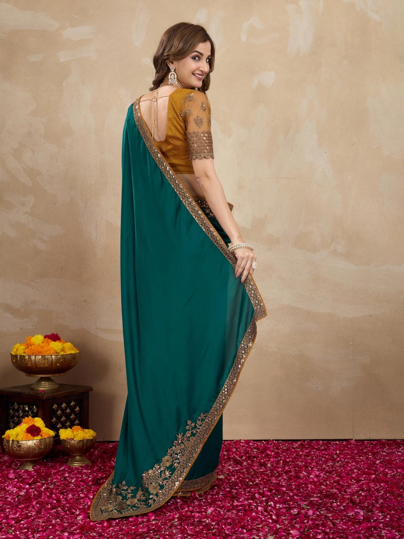 TRENDMALLS Women's Satin Golden Sequin Embroidery work Saree with Unstitched Blouse Piece (K1163-Green-) - Image 2