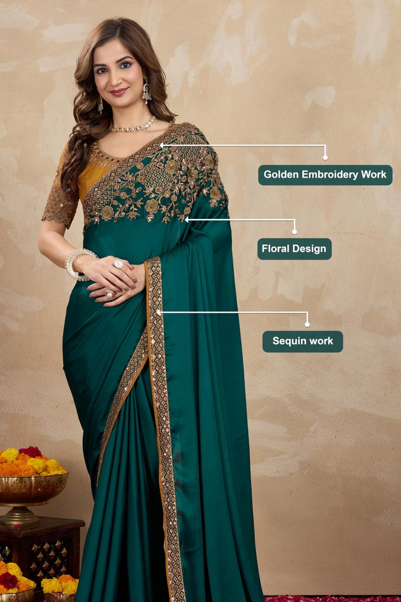 TRENDMALLS Women's Satin Golden Sequin Embroidery work Saree with Unstitched Blouse Piece (K1163-Green-) - Image 5