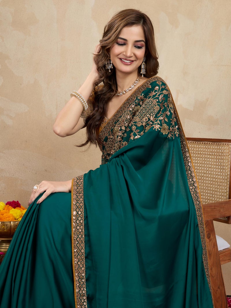 TRENDMALLS Women's Satin Golden Sequin Embroidery work Saree with Unstitched Blouse Piece (K1163-Green-) - Image 4