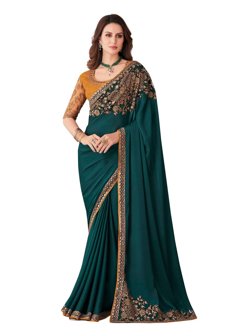 TRENDMALLS Women's Satin Golden Sequin Embroidery work Saree with Unstitched Blouse Piece (K1163-Green-) - Image 1