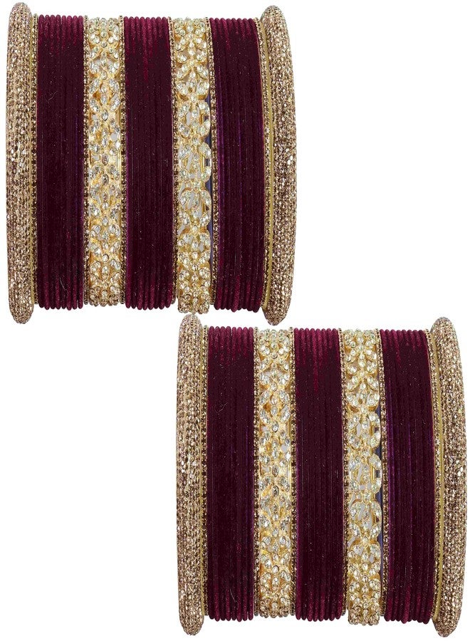 LAVAZZA Golden Zircon Gemstone Studded Metal Velvet Bangles Bridal Chuda Set For Women & Girls | Wine Bangles Set| Purple Bangles | Chuda Set Golden | Set of 68 -(LV_FMS5-Chuda-Purple-2.8) - Image 1