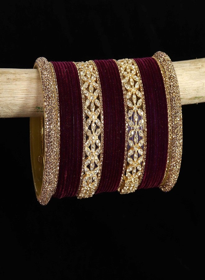 LAVAZZA Golden Zircon Gemstone Studded Metal Velvet Bangles Bridal Chuda Set For Women & Girls | Wine Bangles Set| Purple Bangles | Chuda Set Golden | Set of 68 -(LV_FMS5-Chuda-Purple-2.8) - Image 2