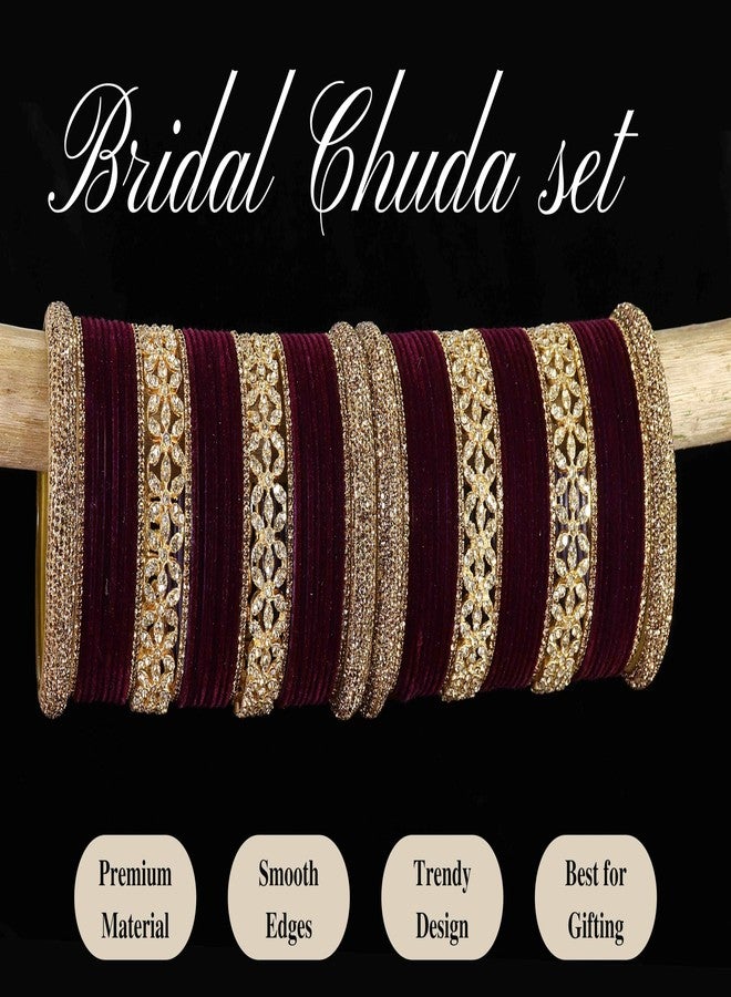 LAVAZZA Golden Zircon Gemstone Studded Metal Velvet Bangles Bridal Chuda Set For Women & Girls | Wine Bangles Set| Purple Bangles | Chuda Set Golden | Set of 68 -(LV_FMS5-Chuda-Purple-2.8) - Image 5