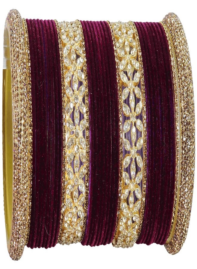 LAVAZZA Golden Zircon Gemstone Studded Metal Velvet Bangles Bridal Chuda Set For Women & Girls | Wine Bangles Set| Purple Bangles | Chuda Set Golden | Set of 68 -(LV_FMS5-Chuda-Purple-2.8) - Image 4