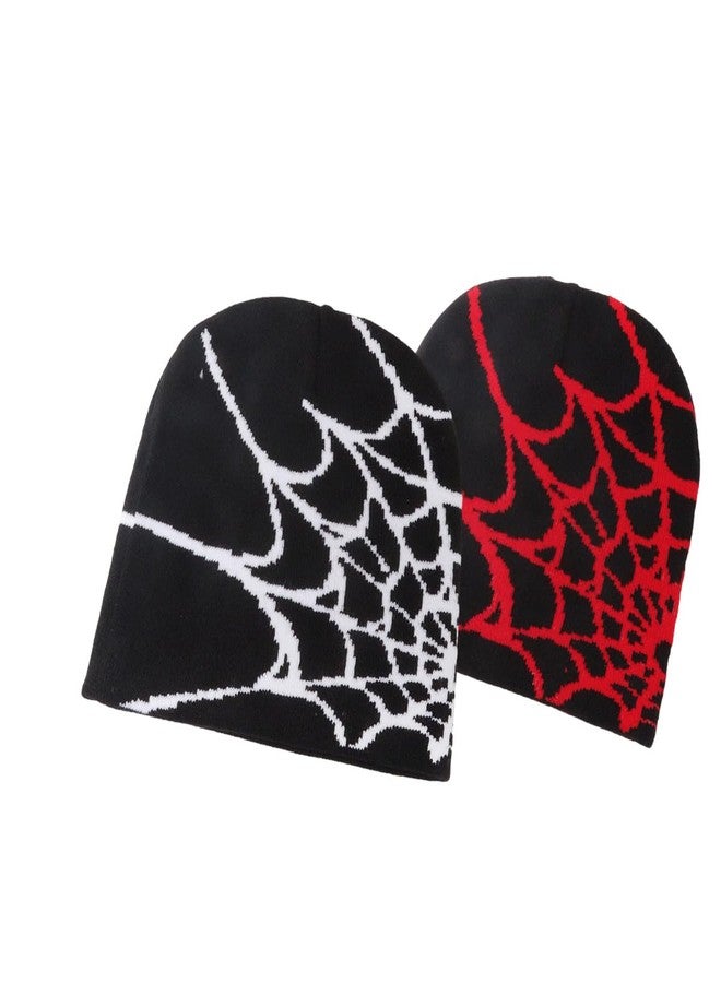 CHRIS GOOD 2Pcs Y2K Beanie Spider Beanies Gothic Pattern Wool Acrylic Knitted Hat Beanies with Designs for Men Black Women Web Winter Outdoor Cap - Image 1