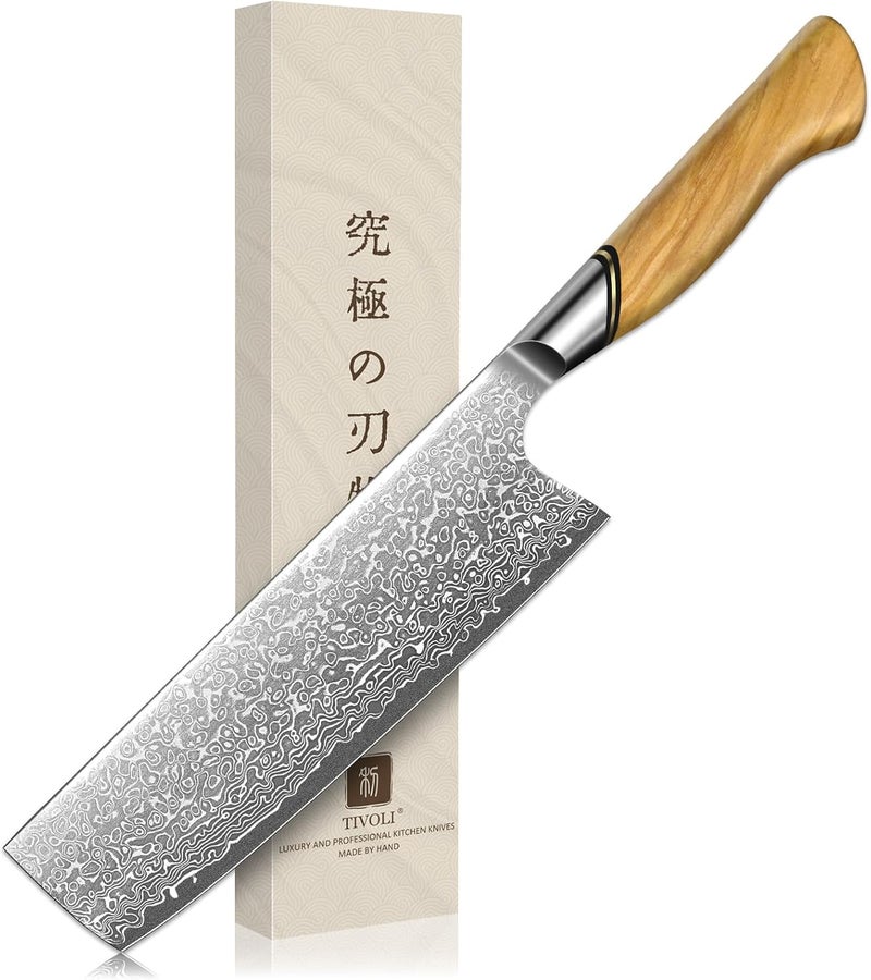 Tivoli Damascus Nakiri Knife 6.5 Inch – Japanese VG-10 Multipurpose Kitchen Knife for Vegetables and Meat with Ergonomic Olive Wood Handle, Gift for Mom & Dad - Image 1