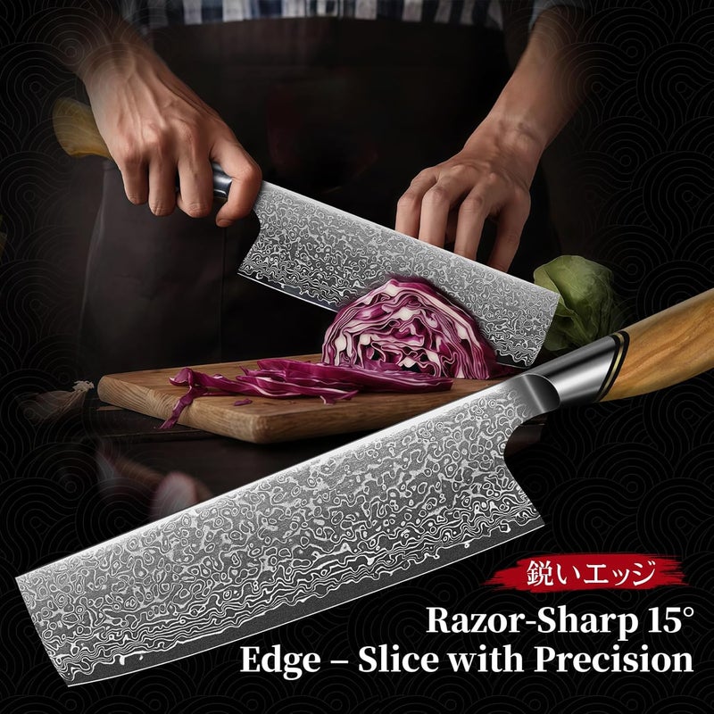 Tivoli Damascus Nakiri Knife 6.5 Inch – Japanese VG-10 Multipurpose Kitchen Knife for Vegetables and Meat with Ergonomic Olive Wood Handle, Gift for Mom & Dad - Image 5