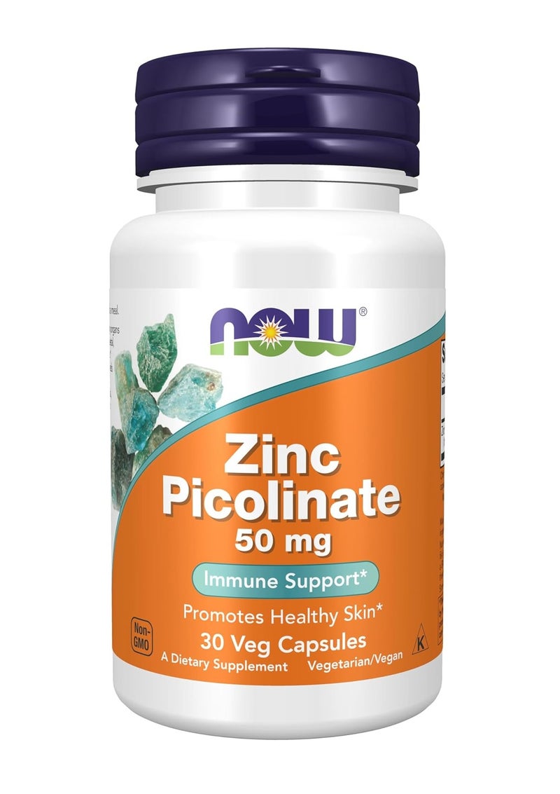 NOW - Zinc Picolinate 50 mg Immune Support & Healthy Skin Dietary Supplement,(30 Vegetarian Capsules) - Image 1