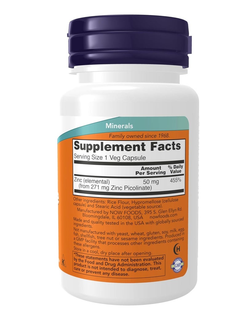 NOW - Zinc Picolinate 50 mg Immune Support & Healthy Skin Dietary Supplement,(30 Vegetarian Capsules) - Image 3