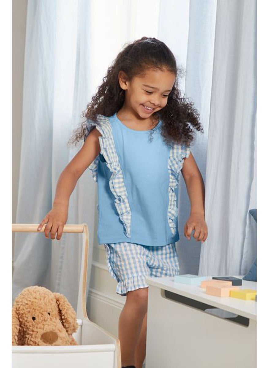 Tchibo Toddlers Girl Ruffle Sleeve Plaid Top, Light Blue  - Image 1