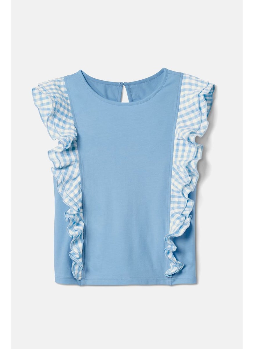 Tchibo Toddlers Girl Ruffle Sleeve Plaid Top, Light Blue  - Image 3