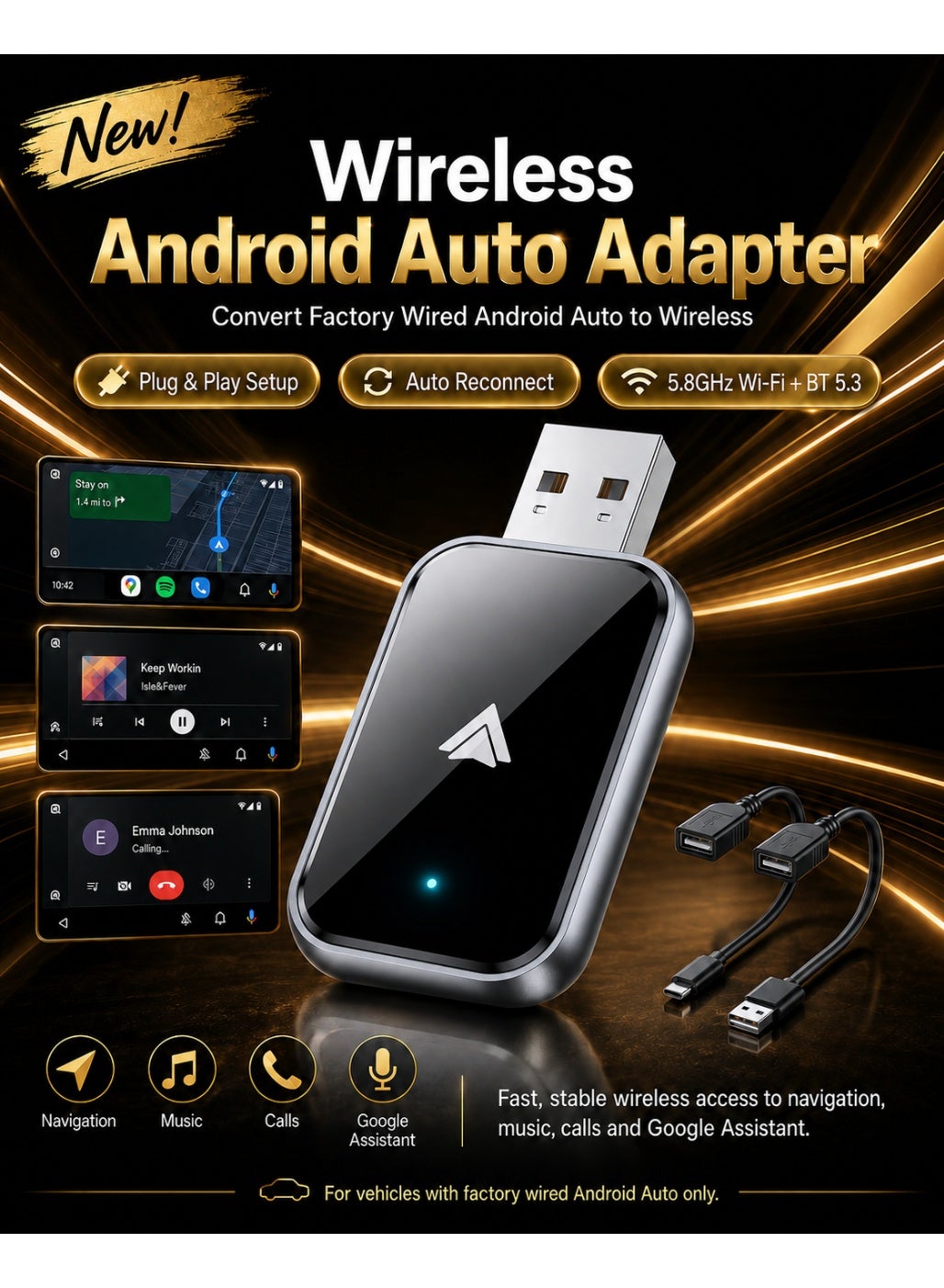 Android Auto Wireless Adapter, Convert Wired to Wireless Android Auto Carplay Adapter, No Delay and Stable Control Mini Size with Extension Cable USB-C and Type-C for Android (Black)