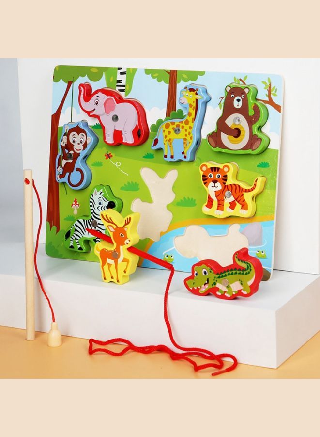 مجموعة ألعاب الصيد المغناطيسية الخشبية مع قضيب السمك ، ألعاب صنارة صيد الإدراك بين الوالدين والطفل ، لعبة تعليمية مبكرة تفاعلية ، حيوانات برية - Image 1