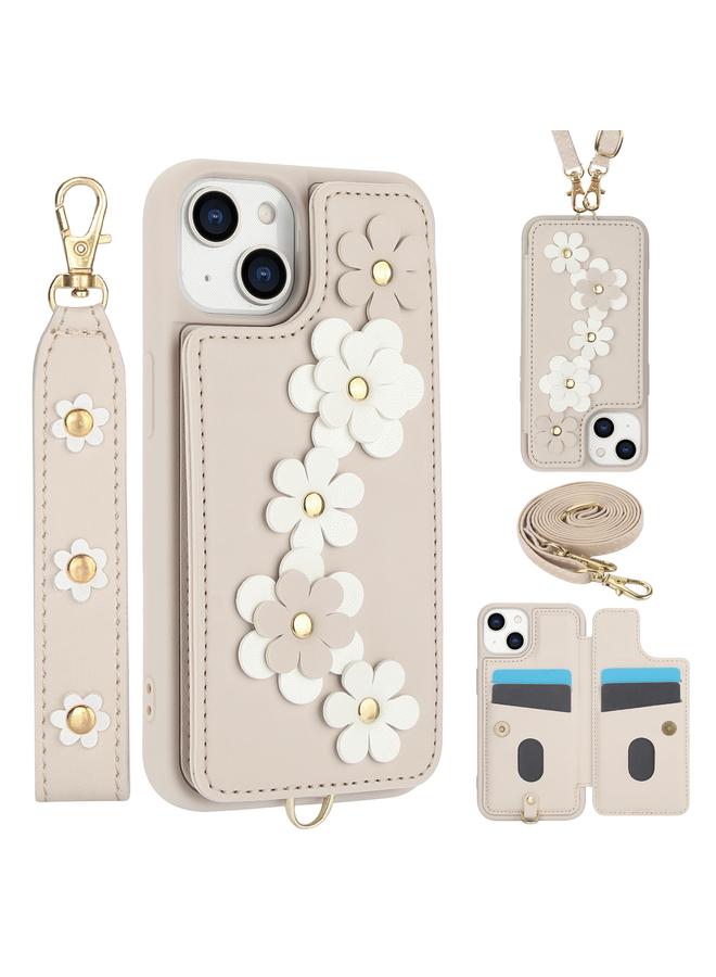 اس-توب جراب هاتف جلدي بتصميم زهور لهاتف iPhone 15 Crossbody - Image 1
