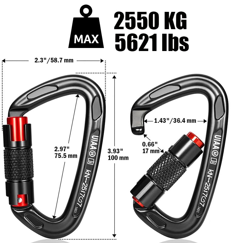 CTrowelpro UIAA Certified 25KN Carabiner Heavy Duty, Auto Locking Carabiners Clips, 6PCS Black Carabiner for Swing, pet Traction,3.93 Inch D Shaped, Large Size - Image 2