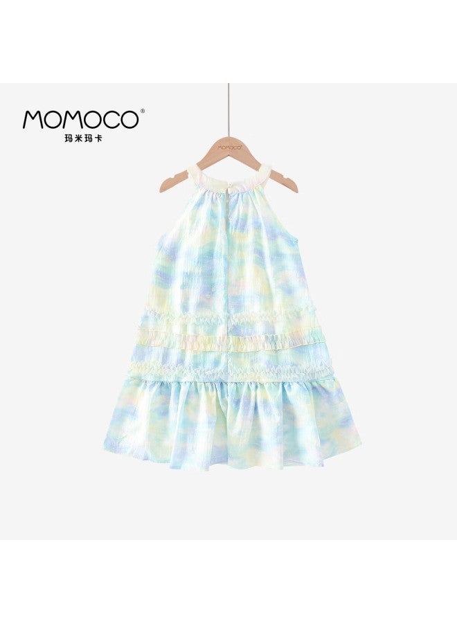 Momoco Girls' Summer Dress Children's Fashion Sleeveless Lace Princess Dress Blue 140 - Image 1