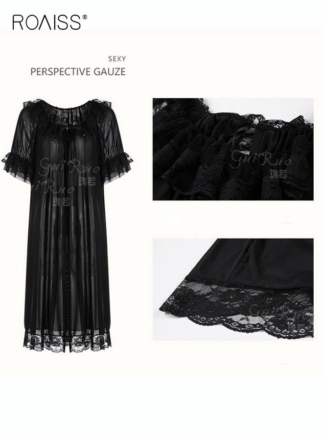 roaiss e2 Piec Set Night Skirt Solid Women's Lace Pajamas with Pad V-Neck Sling Mesh Sweet Court Retro Nightdress Loungewear Soft Spring Summer Home Wearing Clothes Black  - Image 1