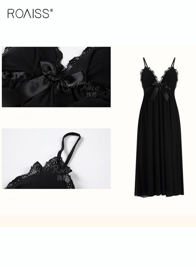 roaiss e2 Piec Set Night Skirt Solid Women's Lace Pajamas with Pad V-Neck Sling Mesh Sweet Court Retro Nightdress Loungewear Soft Spring Summer Home Wearing Clothes Black  - Image 2