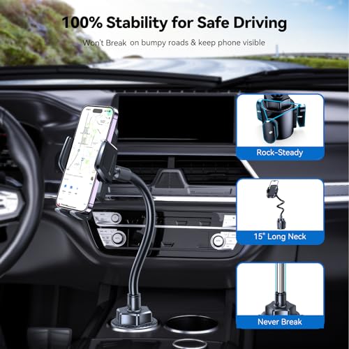 TECKNET Cup Phone Holder for Car - Adjustable Gooseneck Cup Holder Phone Holders with Air Vent Holders & Expandable Base, Cupholder Phones Mount for iPhone 17/16 Pro Max and All Cell Phones, Car Model - Image 3