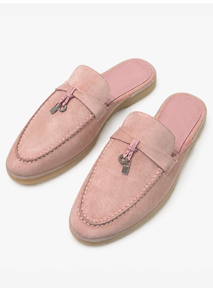 Women Flat Heel Fashion Design Mule Slides, Suede Loafers Genuine Leather Outdoor Slippers Flats Large Size 42 - Image 1