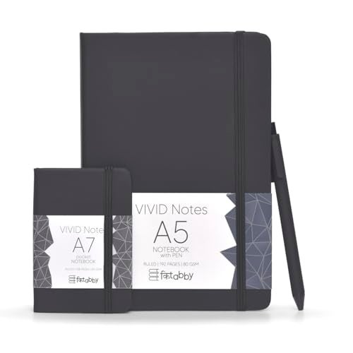 Kitabby | VIVID Notes Combo | A5 Size Hard Bound Notebook with Elastic Band & Pen Loop (Includes Pen,192 Pages-80 GSM) & A7 Pocket Size Notebook (128 Pages-70 GSM) | Natural Shade Paper | Polymer Coated Paper Cover Material – (Black) - Image 1